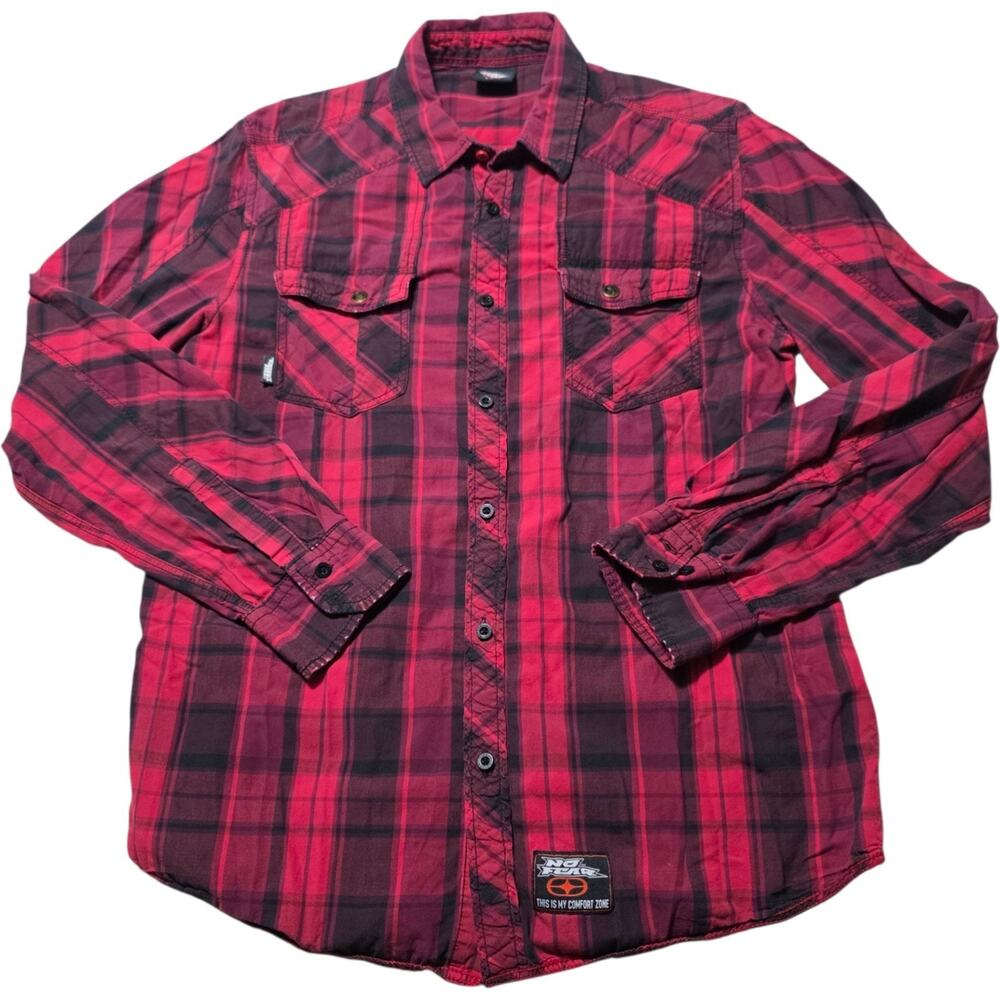No Fear Mens L Red Black Plaid Button Up Shirt Y2K Grunge Skate Goth Punk